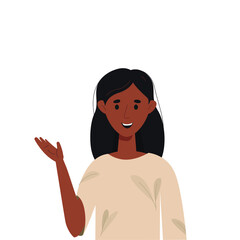 young happy girl shows, holds on the palm. Vector illustration for cosmetic stores, flat style, isolated on white background