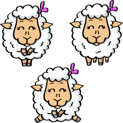 vector illustration of funny cartoon white sheep in three poses