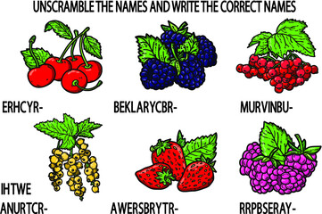 Vector illustration of unscramble names game with berries for children - obrazy, fototapety, plakaty