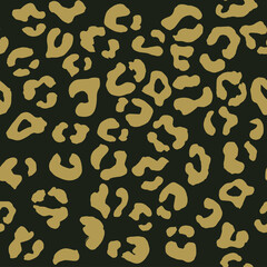 Leopard seamless pattern. Vector animal print. Gold spots on a black background. Jaguar, leopard, cheetah, panther fur. Leopard skin imitation can be painted on clothes, paper, wallpaper or fabric.