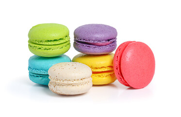 Colorful macarons cake or macaroons isolated on white background with clipping path, Small French cakes.