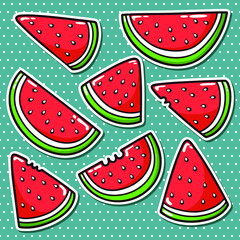 Vector summer cartoon stickers set with cut watermelons
