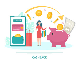 Cartoon Color Character Person and Cashback Money Concept. Vector
