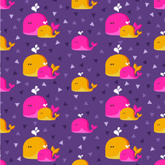Seamless vector doodle pattern with flat funny whales for birthday card, scrap-booking
