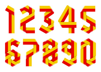 Vector set of numbers made of folded bicolor ribbons with hexagonal elements.