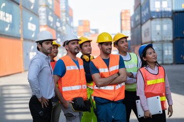 Team Logistics and transportation business Containers import concept .Engineering worker professional team a logistic or industrial container, Cooperation team corporate.