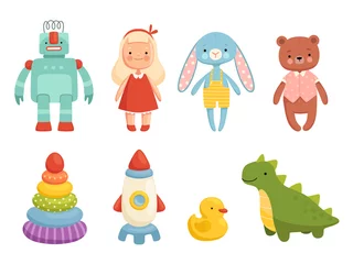 Fototapete Roboter Set beliebtes Kinderspielzeug. Roboter, Puppe, Pyramide und andere Kinderfiguren