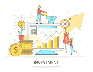 Characters People and Investments Marketing Concept Contour Linear Style. Vector