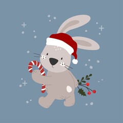 Merry Christmas and New Year greeting card. Christmas Clipart with cute bunny. Vector illustration.
