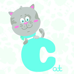 Vector illustration of cute cartoon cat on letter C