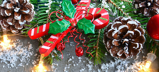 Christmas decoration on old wooden background.Winter holidays concept with copy space.Selective focus.