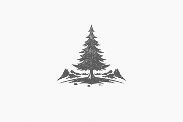 Silhouette of coniferous forest tree located near mountain ridge in nature hand drawn stamp effect vector illustration.