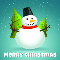 snowman on blue background and christmas trees