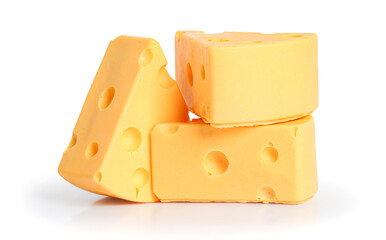 Delicious cheese pieces, isolated on white background with clipping path.