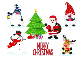 Winter Christmas background Character Vector illustration. Christmas tree, Santa Claus, gnome, snowman, Reindeer, Gift sign for graphic, landscape, card, sale, merry christmas  