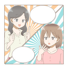 A woman talking with a manga-style speech bubble