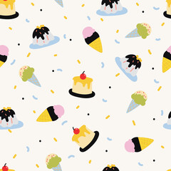 Seamless pattern with cartoon dessert, ice cream and cake. for fabric print, textile, gift wrapping paper. colorful vector for kids, flat style