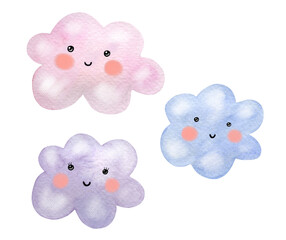 Nursery kid cute cloud set illustration hand drawn in watercolor. Ideal for baby showers, invitation, card, print, posters in a children room. Kawaii cartoon clip art