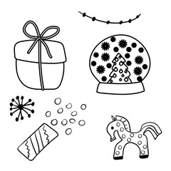 Christmas, New Year design elements. Christmas tree, gift, garland, horse, snowflake, fireworks, snow globe, Christmas tree toy.
