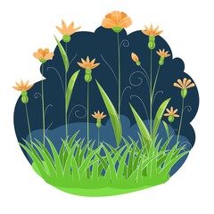 Blooming meadow with grass, flowers. Green night landscape. Cartoon style. Fabulous vector illustration. Background image isolated on white. Beautiful natural view. Wild plants. Rural scene. Summer