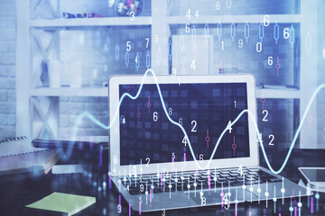 Forex market chart hologram and personal computer background. Double exposure. Concept of investment.