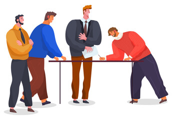 Lot of men near table, bearded man leaned over and signs contract, agreement. Business successful meeting. The negotiation process. Office staff, managers, bosses at business meeting. Man with
