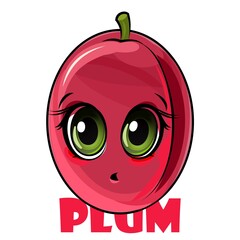 Plum fruits. Face. Inscription. The isolated object on a white background. Ripe. Cartoon flat style. Illustration. Vector