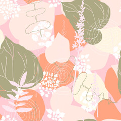Floral botanical vector seamless pattern with hand drawn agrimony  flowers and tropical  leaves  in pastel colors.  Abstract botanical motif with stylized hostas or hydrangea leaves.