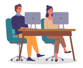 Desktop, young man and woman working at computers, teamwork. Office interior, monoblocks, table, chairs on wheels. Colleagues work and communicate. Flat vector illustration isolated on white