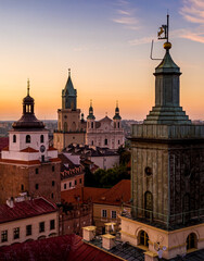Aerial view of dawn over towers in Old Town in Lublin, Poland