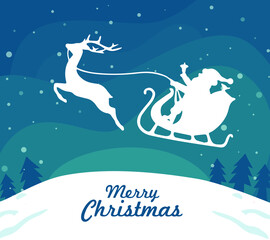 Fototapeta na wymiar Santa Claus flying in sleigh with gifts and reindeer. Winter holiday, Christmas and New Year celebration. merry Christmas, Santa deer silhouette illustration