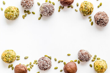 Food pattern of homemade energy balls with dried fruita and coconut