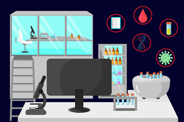 Clinical laboratory, analyzer, test tubes, microscope, analyzes on a dark blue background