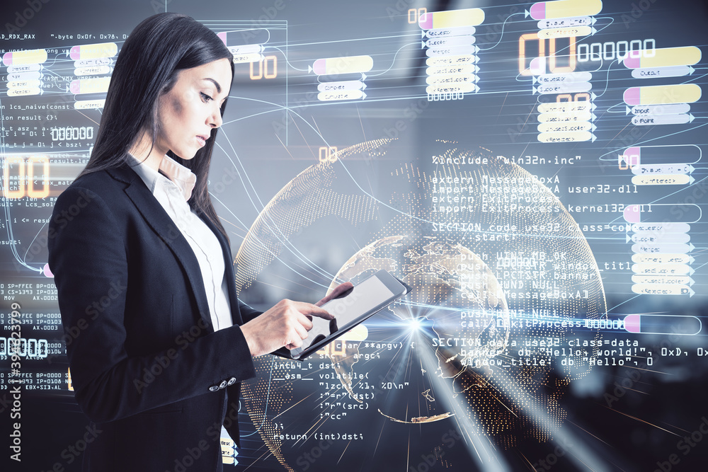 Poster Young girl with digital tablet working with program code, software development and testing concept