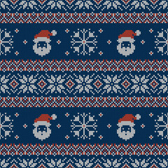 Knitted seamless pattern with Santa. Vector sweater background.