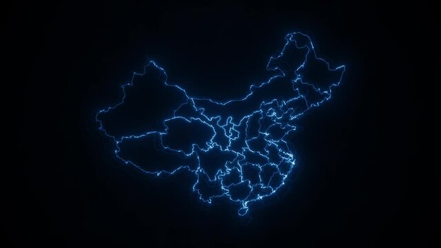 China Cyber Map Showing Up Intro By Regions/ 4k animated china cyber hi-tech map intro background with countries appearing