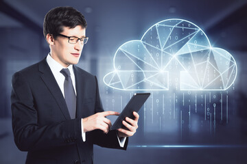 Businessman working with digital tablet on cloud sketch background, technology concept