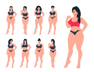 Various beautiful women wear lingerie, underwear, swimwear. Curvy attractive woman, plus size girl in a full length. Vector illustration set.