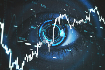 Digital screen with stock charts and eye.