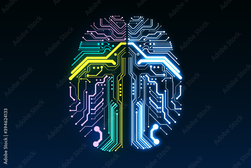 Poster creative glowing color brain on rark background