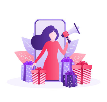 Online Reward Vector Flat Design. Flat Isometric Vector Illustration. Group Of Happy People Receive A Gift Box Illustration Concept.