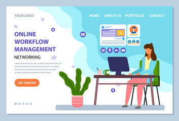 Online workflow management landing page. Woman works remotely. Distance job during quarantine. Video conference with colleagues, networking. Concept of home office. Stay at home and work remotely