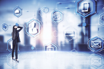 Businesswoman looking on online computer cloud diagram