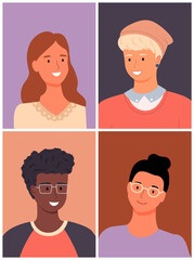 International people avatars, mix races young guys and girls, diverse nations, ethnicity, attractive blonde man in hat, smiling young girl, black african guy in glasses, brunette girl wear eyeglasses