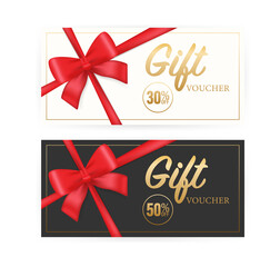 Greeting card. Vintage Coupon ticket card. ribbon banner with golden gift voucher on gold background for concept design. Vector design template. Gift voucher.