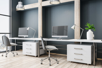 Contemporary office interior with two computers on long table