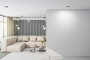 Luxury living room with sofa and blank gray wall.