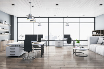 Panoramic open space office with city view