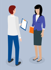 Isometric image of back view man with clipboard and business woman in formal suit with folder in her hand. A meeting of analytical managers or colleagues. Business meeting. Diplomatic negotiations.