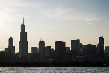 Fototapeta na wymiar Beautiful Chicago cityscape at sunset, backlit